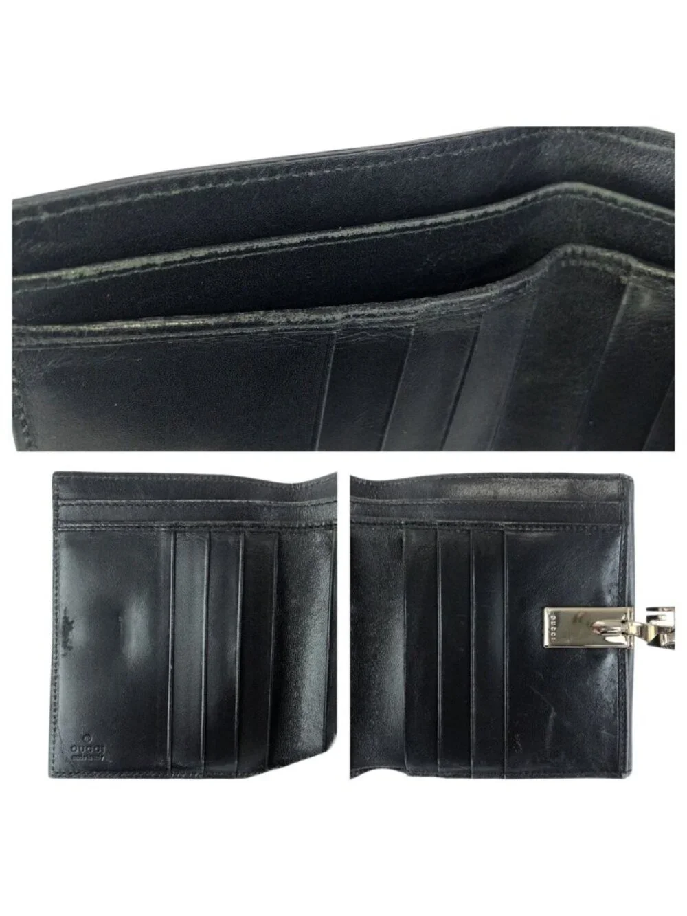 Gucci Black Silver Leather 035 Fold Wallet Compact